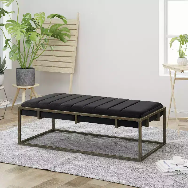 Velvet Ottoman Bench with Brass Finish Legs – Black
