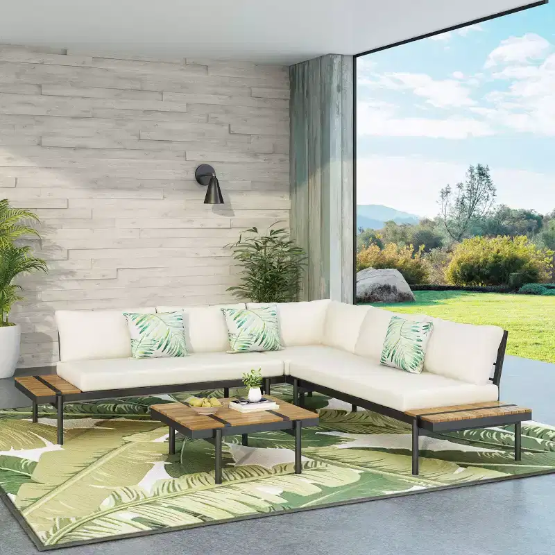 GDFStudio Cody Outdoor Acacia Wood and Iron 5 Seater Sectional Sofa Set with Cushions, Teak, Black, and Cream
