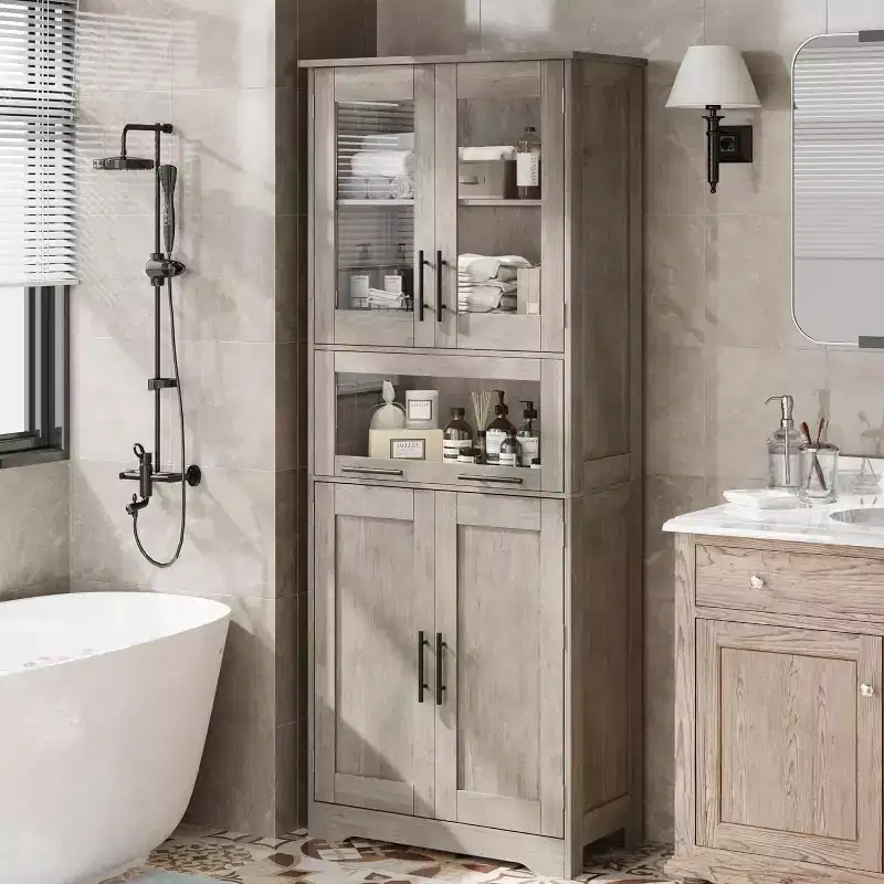 Tall Freestanding Bathroom Floor Cabinet with Doors & Adjustable Shelves – Grey