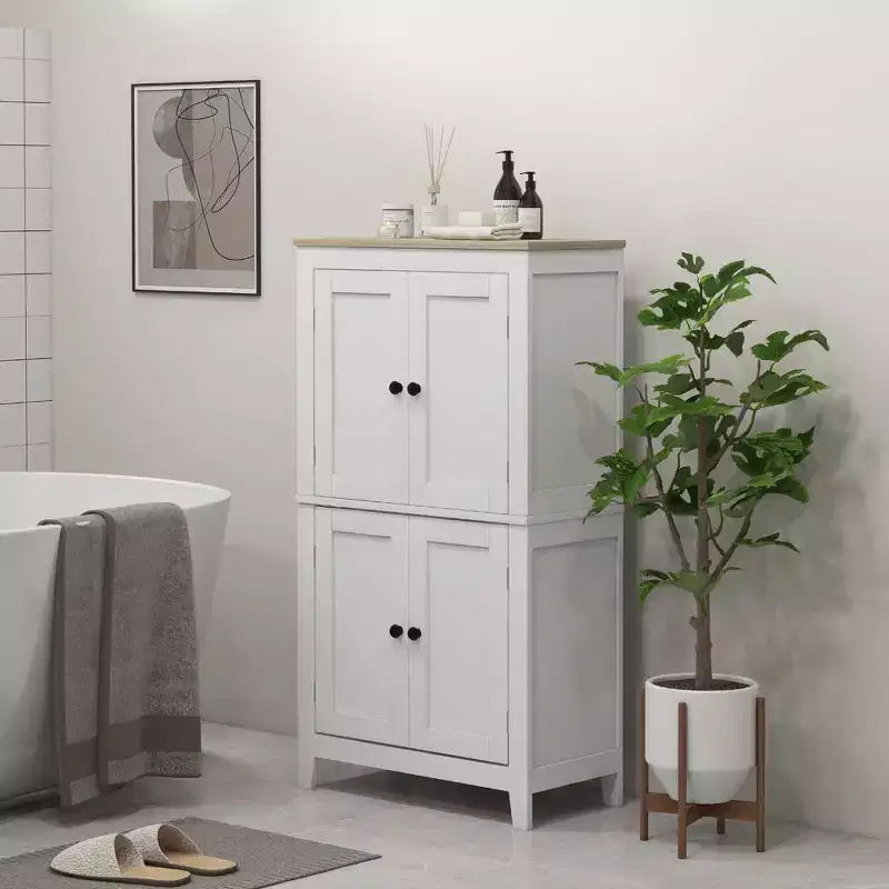 Bathroom Floor Cabinet with Adjustable Shelves, Freestanding, White