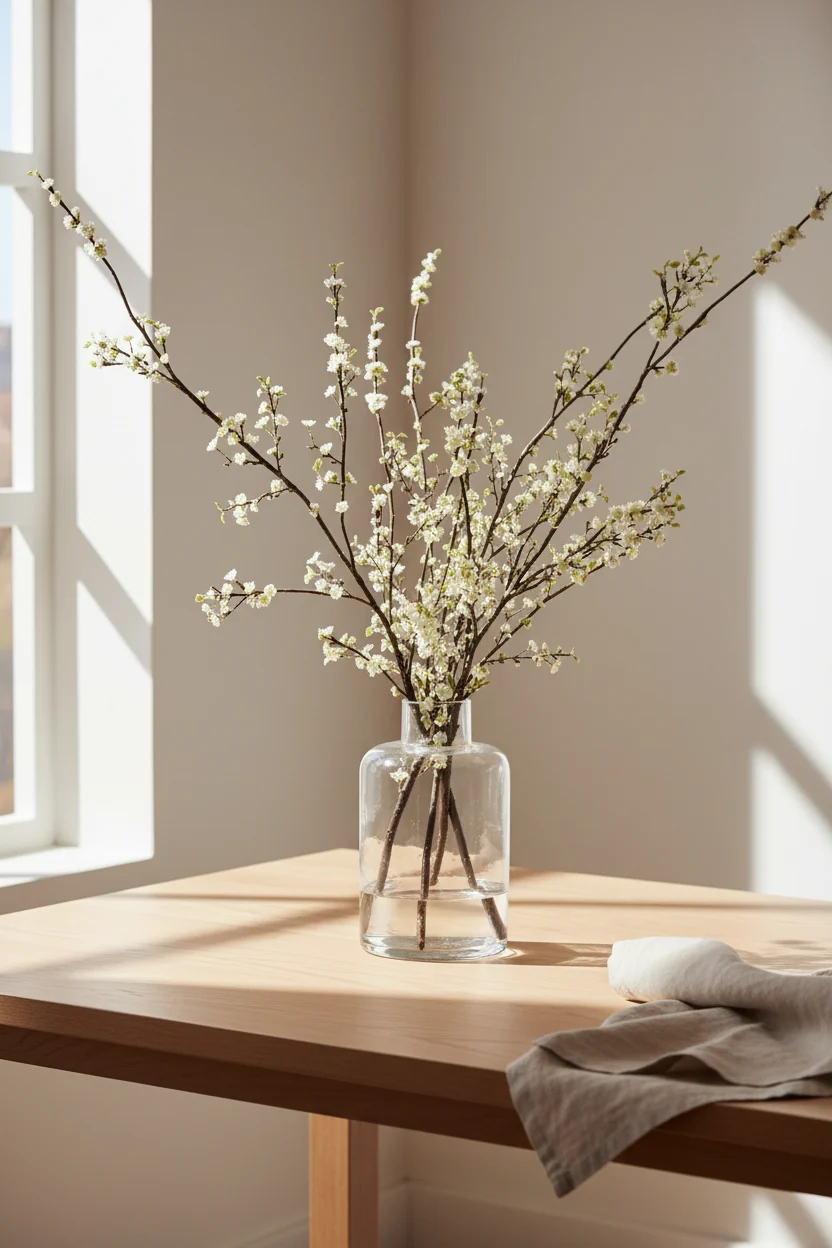 Oriental Synthetic White Plum Blossom Branch with Clear Glass Vase for Entryway & Living Room