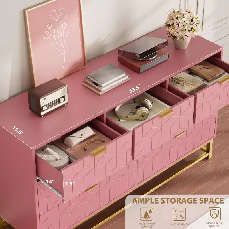 Dresser, 7 Drawer 53.5 Large Chest of Drawers with Metal Legs, Modern White Storage