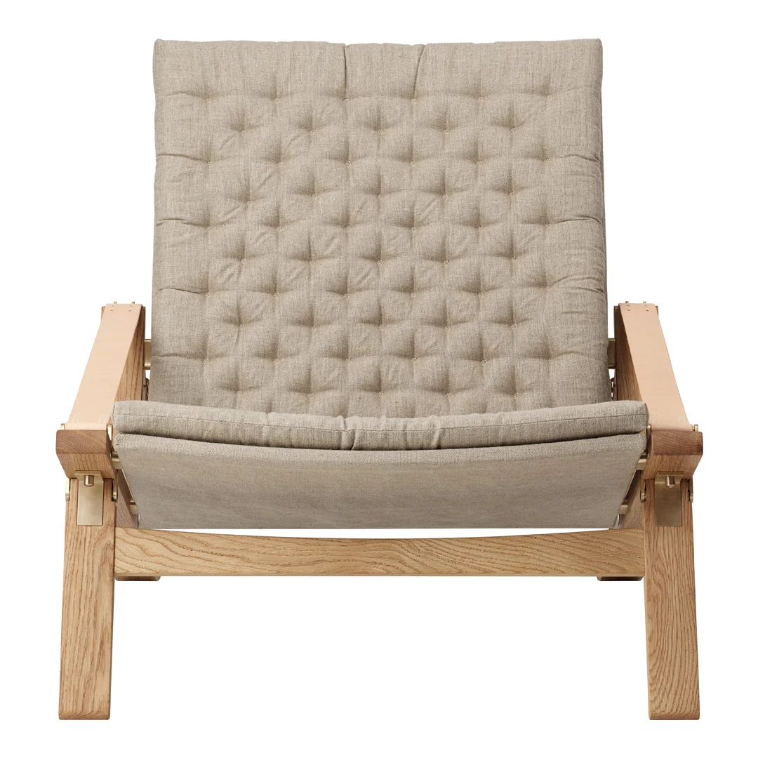 Scandinavian Solid Oak & Linen Canvas Lounge Chair with Foldable Backrest & Brass Fittings for Living Room