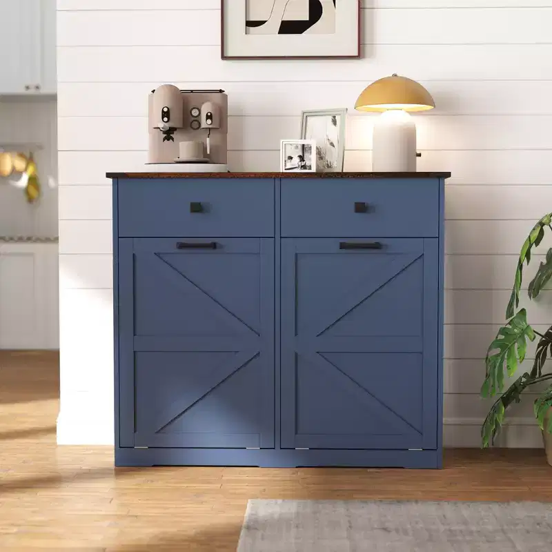 Okak Farmhouse Double Storage Cabinet with 4 Drawers, Free Standing Cabinet, Barn Door Style Laundry Sorter Cabinet for Kitchen