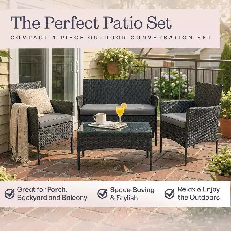 Patio Furniture Set  4-Piece Rattan Outdoor Sofa, 2 Cushioned Chairs, and Table Combo for Deck, Pool, or Porch Furniture by Lavish Home (Gray)