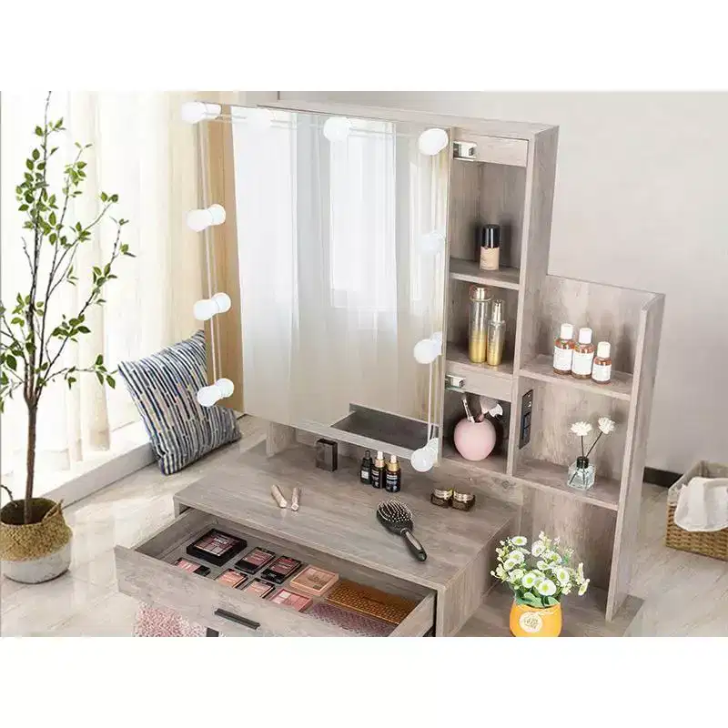 Gray Particle Board Triamine Veneer Iron Feet 2 Drawers 1 Door 2 Shelves Mirror Cabinet Tri-color Dimmable Light Bulb Plug In Dressing Table Set
