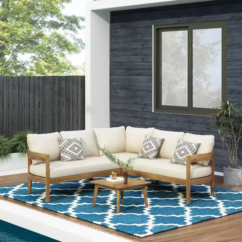 GDFStudio Burrough Outdoor Acacia Wood 5 Seater Sectional Sofa Chat Set with Cushions, Teak/Beige