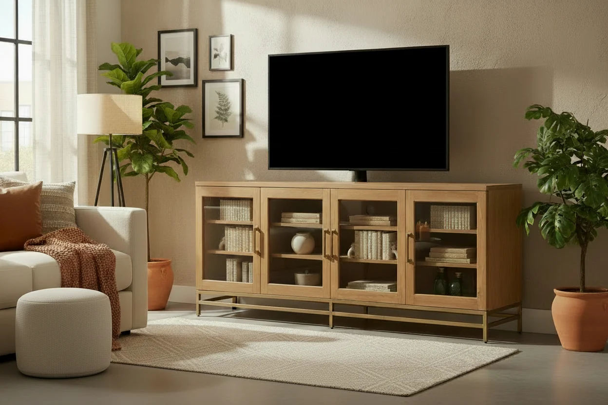 70 Modern Solid Wood TV Stand with Storage and Cable Management for TVs up to 75 - Belgian