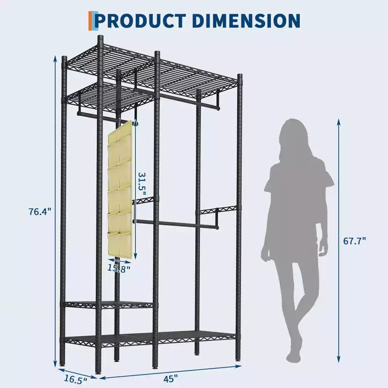 Heavy Duty Steel Clothing Rack with Shelves, Adjustable Freestanding Wardrobe System, 850lb Capacity, 45 or 73 Wide, Black