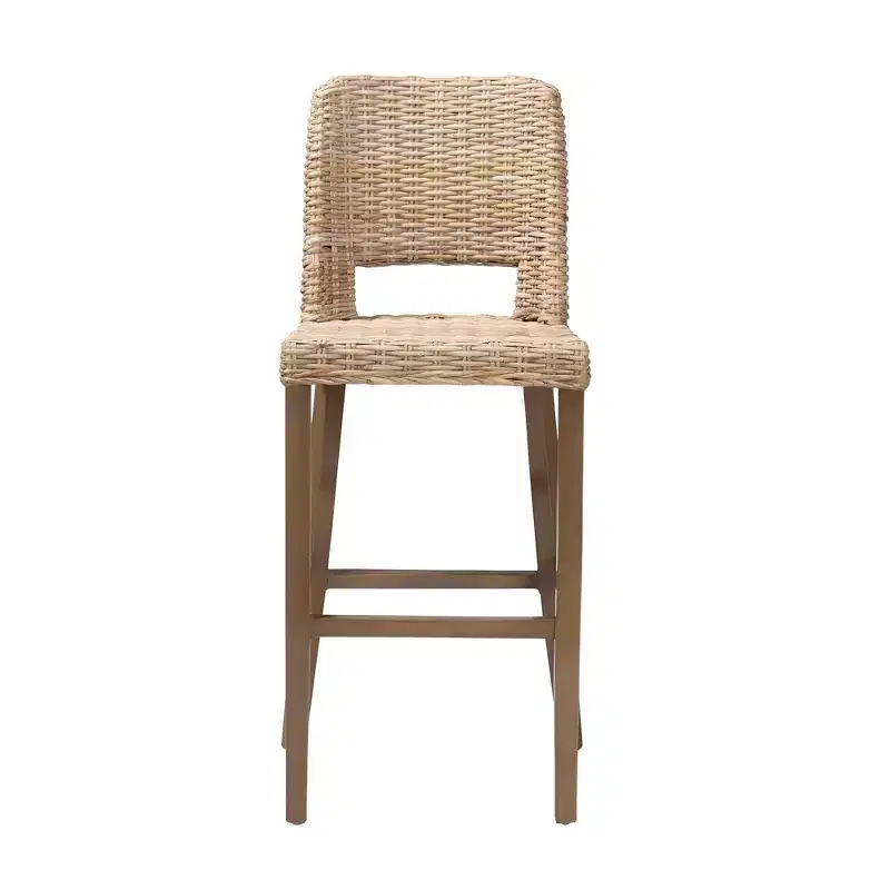 Rattan and Mahogany Wood Barstool Gray Rustic Taupe