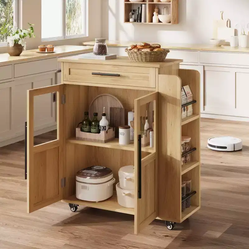 Rolling Wooden Kitchen Island with Drawer, Kitchen Cart with Storage Cabinet on Wheels, Thicker Wooden Top Trolley Island with 3 Spice Rack
