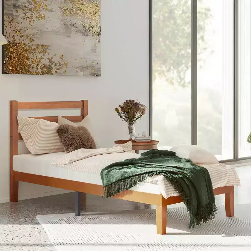 MAYEERTY 1100 LBS Heavy Duty Solid Wood Bed Frame Mattress Base with Headboard Wooden Slat Support No Box Spring Needed