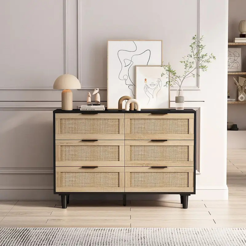 43.316-Drawers Rattan Storage Cabinet Rattan Drawer,for Bedroom,Living Room,Black
