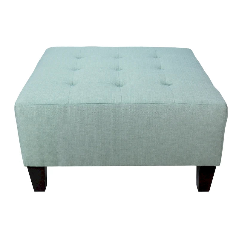 Sea-Mist Blue Square Ottoman, Button-Tufted — 1 Person