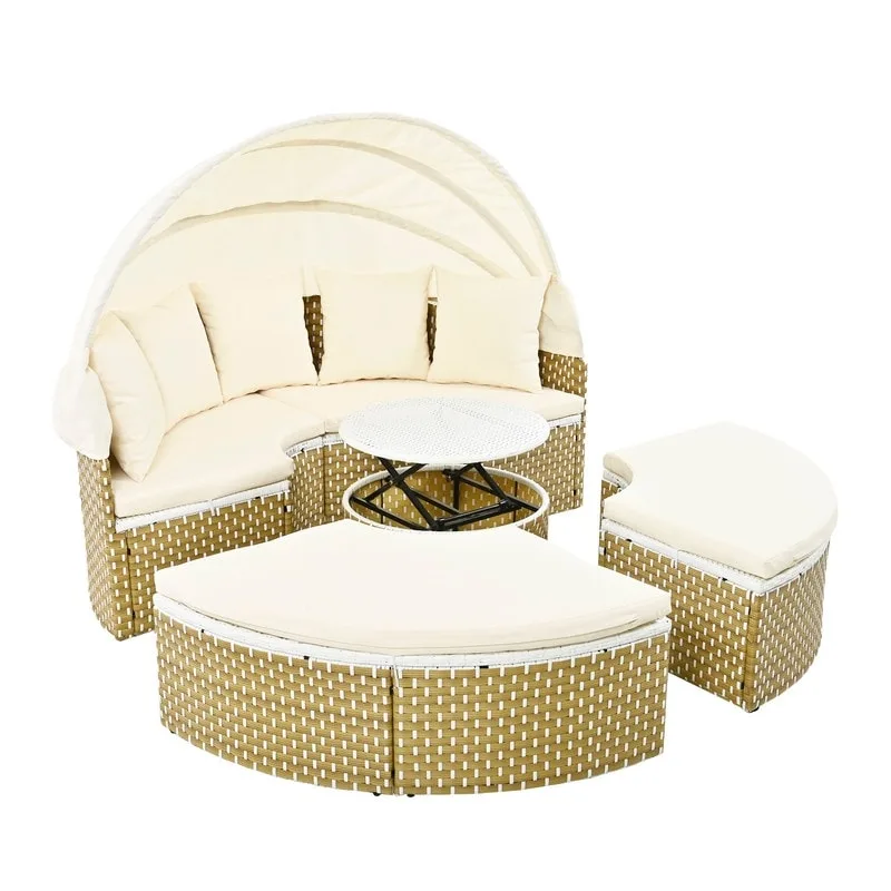 Round Outdoor Daybed Two-Tone Weave Sunbed with Retractable Canopy