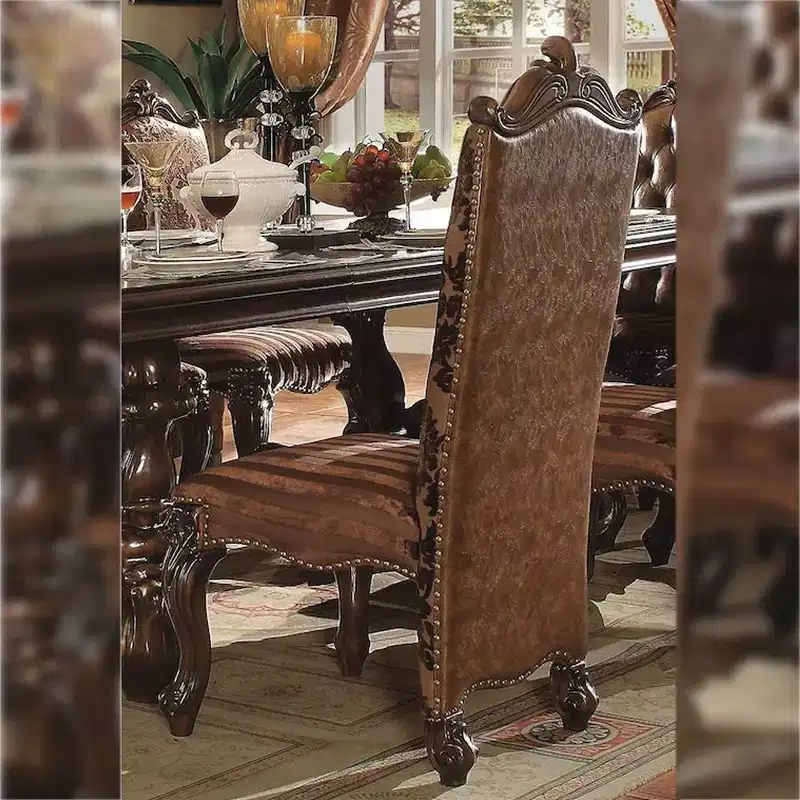 22" Versailles Dining Chair Two Tone Light Brown Synthetic Leather /Fabric and Cherry Oak Finish - Acme Furniture: Elegant Traditional Design