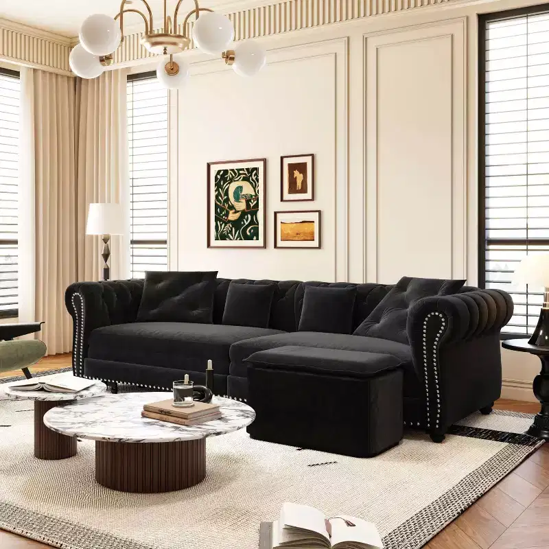 MAYEERTY 89 Velvet 3 Seat Sofa with Movable Ottoman, 3-in-1 Pull Out Sofa Bed, King Size Sofa Bed Black
