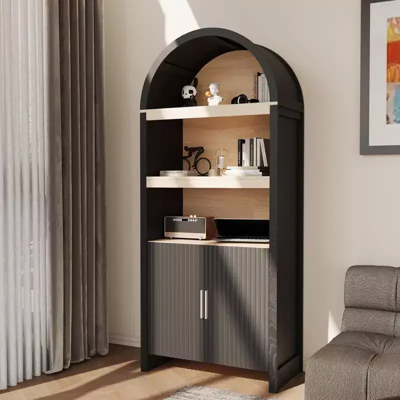 Tall Bookshelf Arched Cabinet with Storage, Mid-Century Bookcase Modern Wooden Kitchen Pantry Display Storage Cabinet