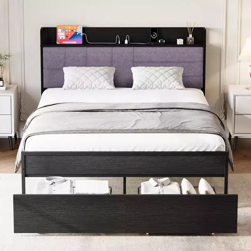Full Bed Frame with Headboard, Black Platform Bed Frame with Storage, Heavy Duty Bed Frames with 2 Storage Drawers,No Box Spring Needed