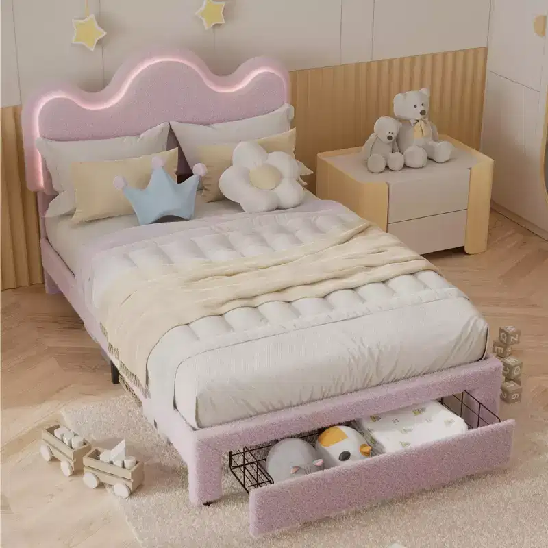 Bed Frame with Adjustable Upholstered Headboard Girls Boucle Platform Bed Frame with Storage Drawers Princess Bed Frame for Kids