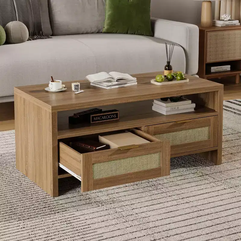 Brown 40 Boho Coffee Table Set (2-Pack) C Rattan Storage Console Tables for Living Room/Farmhouse