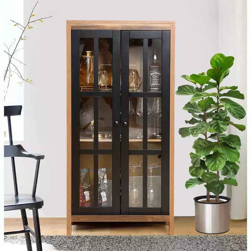 LuxenHome 47.2 Farmhouse Storage Cabinet with Glass Doors, Tall Pantry Cabinet, Glass Display Cabinet Brown, Black