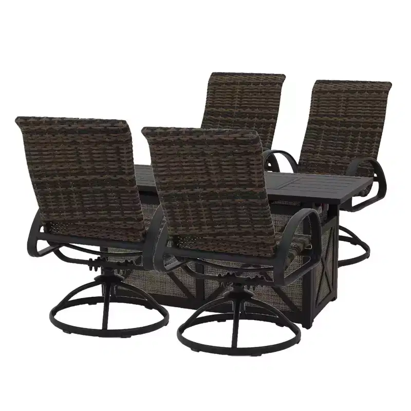 Courtyard Casual Santa Fe 5 pc Rectangle Fire Pit Set with Wicker Swivel Rockers Includes One Rectangle Fire Pit and Four Wicker Swivel Rockers