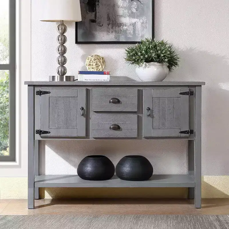Farmhouse Console Table with Storage, Farmhouse Entry Table with 2 Drawers and Cabinets, Solid Wood Sofa Table with Shelves