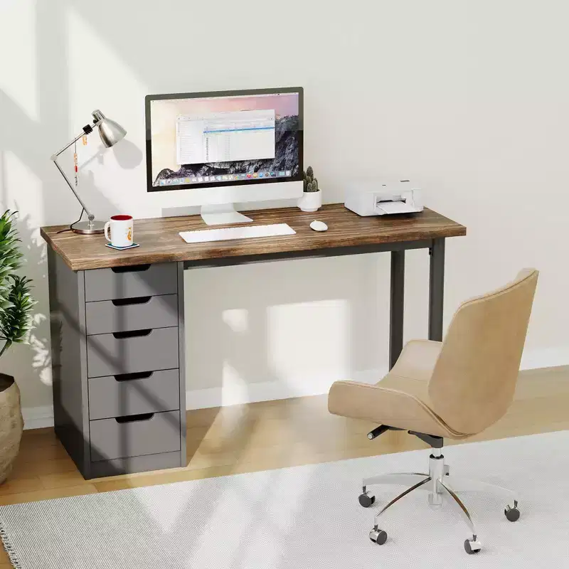 47 Inch Computer Desk with 5 Storage Drawers, Reversible Modern Rustic Study Writing Table, Home Office Workstation for Small Spaces