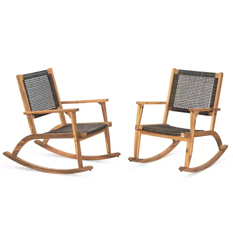 GDFStudio Antonio Patio Modern Acacia Wood Rocking Chair with Wicker Back and Seat (Set of 2)