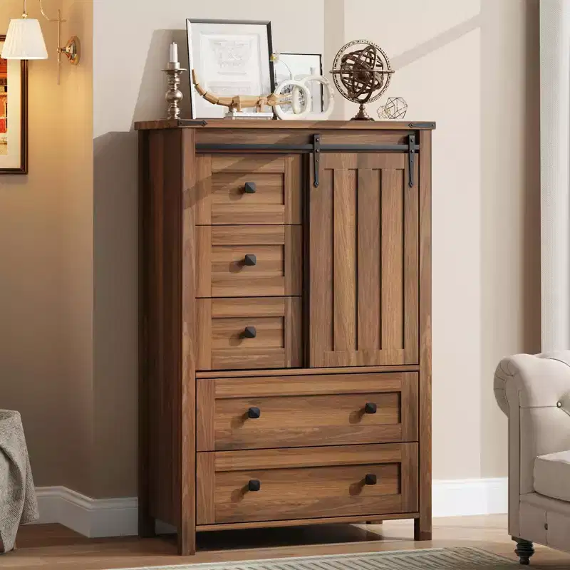 Farmhouse 5 Drawer Dresser for Bedroom, 48 Tall Wood Dresser Chest of Drawer with Sliding Barn Door, Storage Organizer