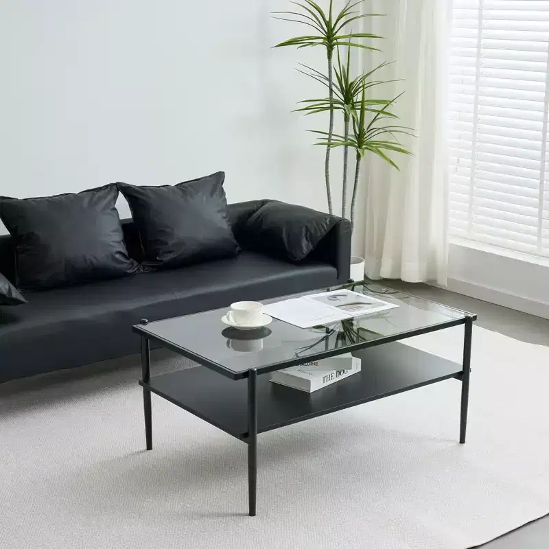 Rectangle Coffee Table with Gray Tempered Glass Top and Legs, Modern Living Room Table