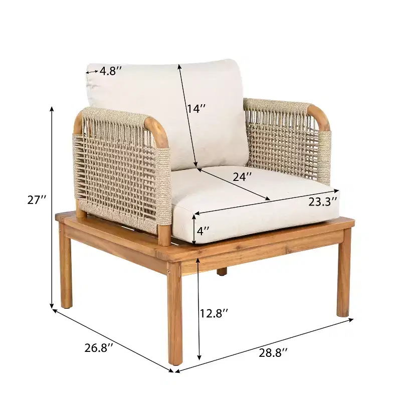 Set of 2 Acacia Wood Club Chairs with Rope Weave Design, Water-Repellent Cushions, Wide Deep Seats for Outdoor Relaxation