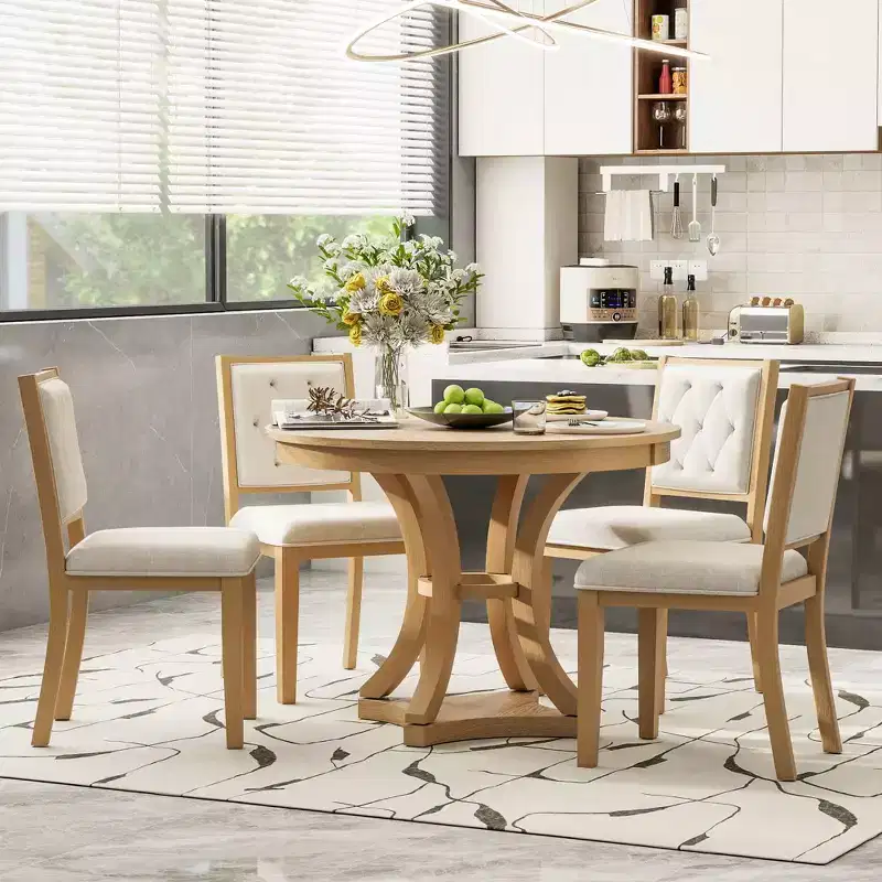 Merax Stylish 5-Piece Retro Dining Set with Extendable Round Table & 4 Upholstered Chairs