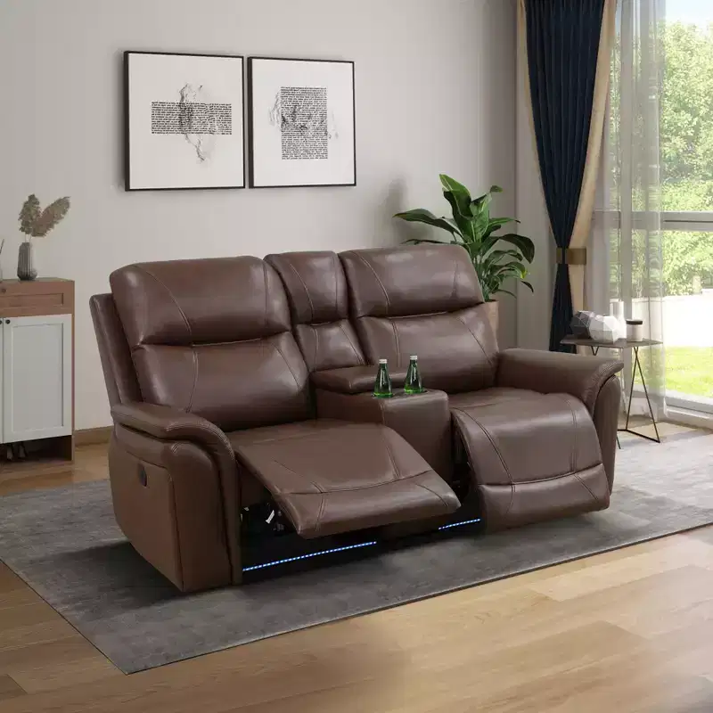 MAYEERTY Power Reclining Loveseat, Electric 2-Seat Leather Recliner with USB Charging, Storage & Cup Holders for Living Room, Reddish Brown