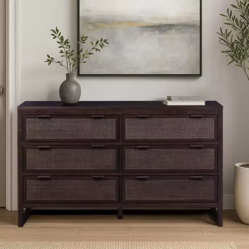 Hatteras Modern Boho 6-Drawer Dresser with Solid Wood & Natural Rattan Accents-Teamson Home