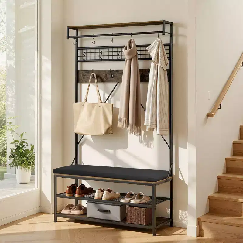 72-Inch Hall Tree Coat Rack with Shoe Bench, 2-Tier Freestanding Shoe Rack, Hooks & Hanging Rod, Brown & Black