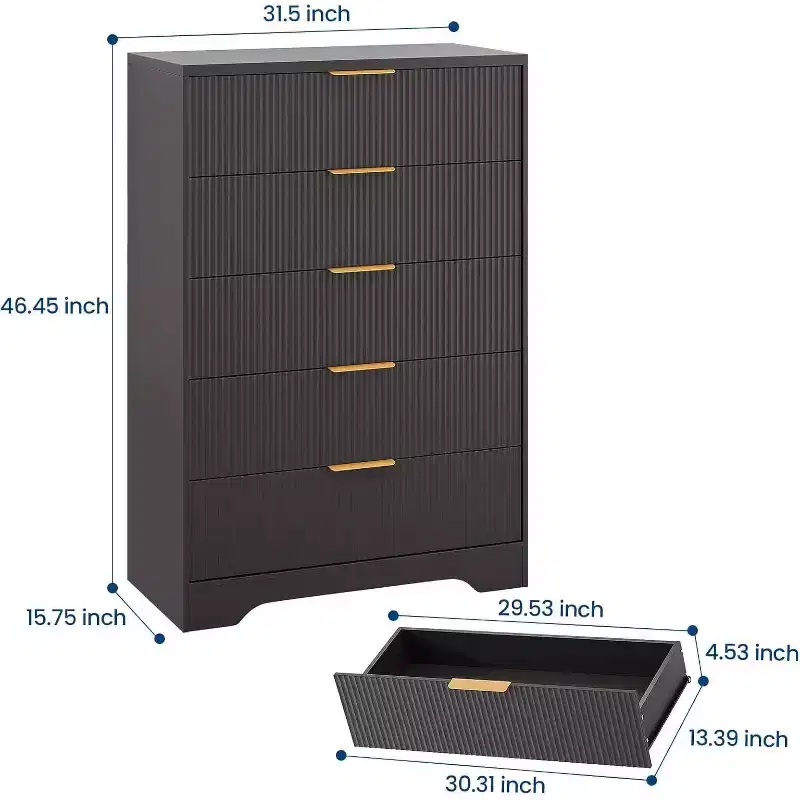 47 Inch Tall Fluted 5-Drawer Dresser with Gold Handles, Wood Tone Finish Storage Cabinet for Bedroom Closet and Entryway, Multi-Use Organizer