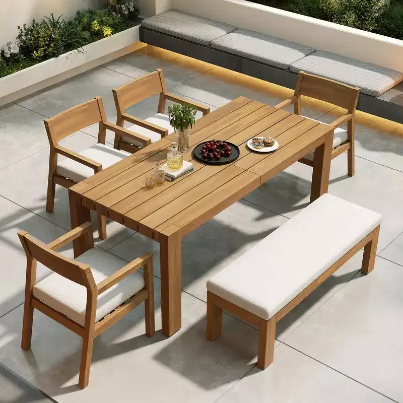 Whisen Patio Dining Table Set for 6, Outdoor Furniture Sets with Umbrella Hole, Table, Chairs and Bench