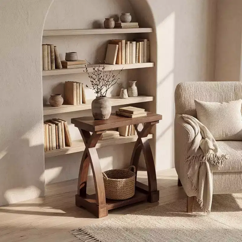 Lantine Solid Wood End Table, Small Side Table with Storage Shelf, 2-Tier Narrow End Table for Living Room, Bedroom, Small Spaces
