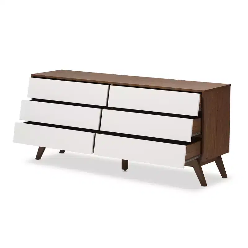Brown & White 6-Drawer Dresser, Mid-Century Modern, Single