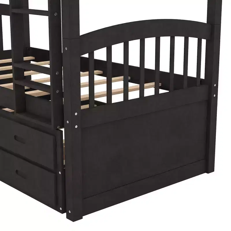 Wood Twin over Twin Bunk Bed with Ladder, Trundle & Drawers