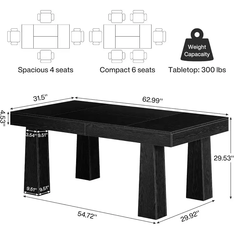 Lantine 63'' Modern Rectangular Dining Table with Heavy Duty Tapered Legs, Black, for Dining Room, Cafe, Restaurant, Easy Assembly.
