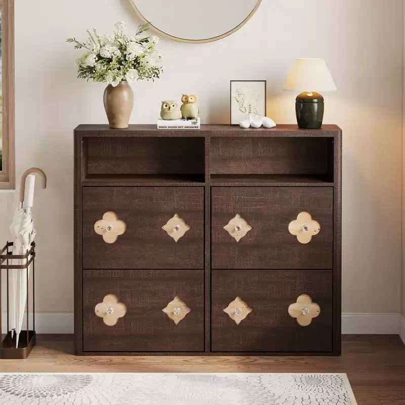 Shoe Storage Cabinet with Adjustable Shelves, Flower Pattern & Diamond Handle, Freestanding Slim Shoe Storage