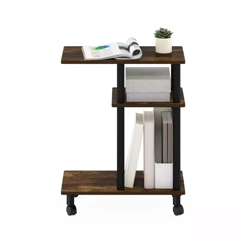 Furinno U-Shape Rolling Storage Cart Sofa Side End Table w/Open Display Shelf,Amber Pine
