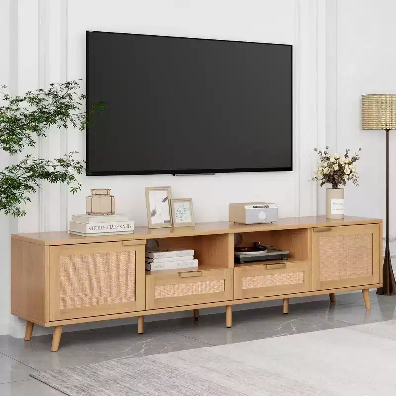 78.74 Inch Natural Rattan TV Stand for TVs up to 85 Inches Media Console with Solid Wood Legs for Living Room Home Theatre