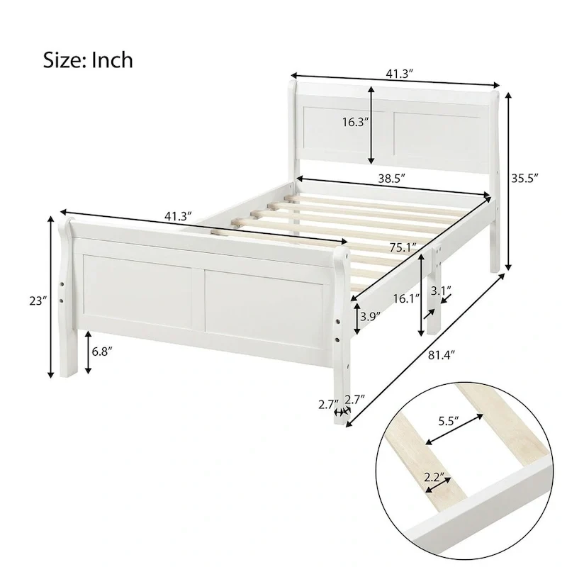 Twin/Full/Queen Wood Frame Sleigh Bed with Footboard