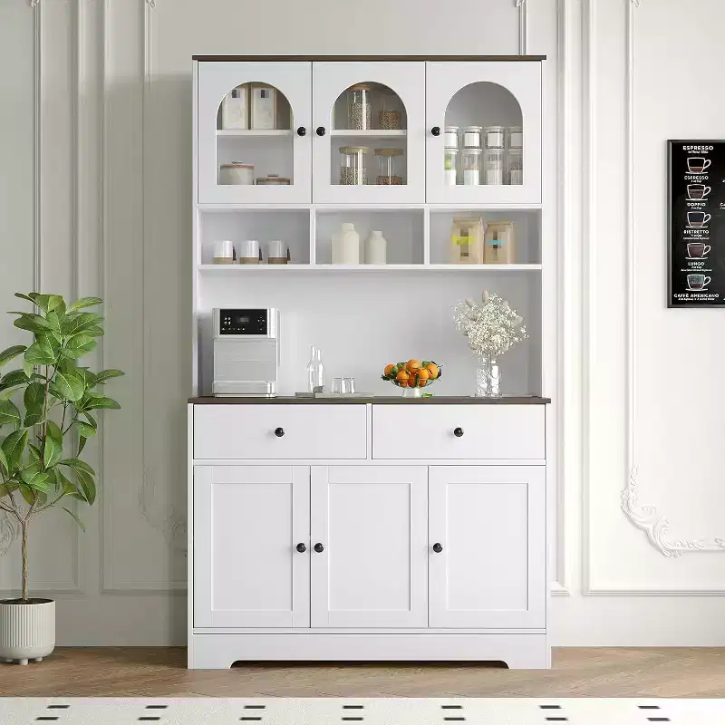 Tall Kitchen Storage Cabinet with Frosted Glass Doors, Open Shelves and Countertop, 41.34W x 15.75D x 70.87H