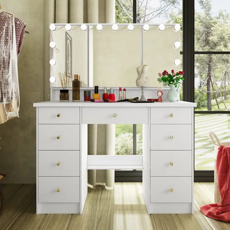 40.2W Beauty Station with 3 Mirrors Makeup Vanity for Dressing