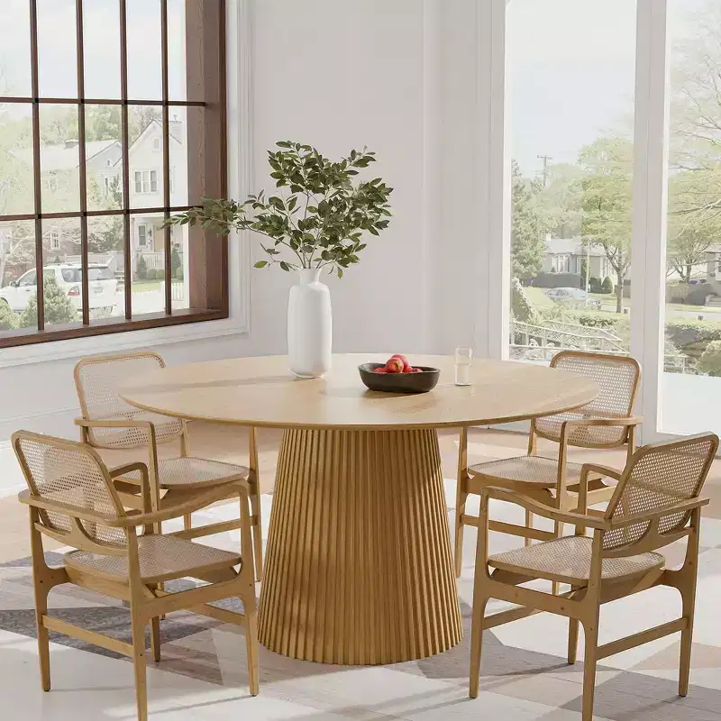 52 Round Dining Table for 6 People Modern Pedestal Table with Fluted Cone Base & Wood MDF Top for Small Space Kitchen Dining Room Cafe Natural